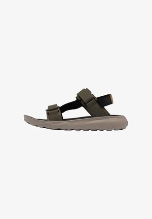 Olive green sandal with two adjustable straps, a black mesh accent, and a textured beige sole. Lightweight design for comfort and support.