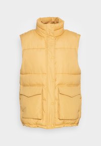 Gelbe gepolsterte Weste, ärmelloses Design, hoher Kragen, zwei Vorder Taschen, Knopfverschlüsse, glatte Textur, dicke gesteppten Look.