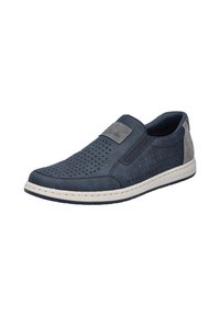 Marinefarbene Slipper mit perforiertem Obermaterial für Atmungsaktivität, grauen Wildlederakzenten und einer weißen Sohle; verfügt über minimalen Nähten und ein flexibles Design.