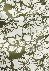 Floral fabric featuring a white background with bold olive green line drawings of flowers, emphasizing outlines and petal details.