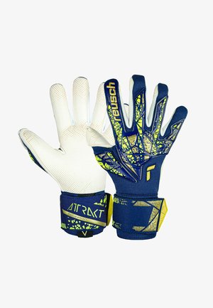 Gants de gardien de but avec des paumes blanches, des accents bleus et jaunes, présentant un design texturé et une sangle de poignet avec un logo.