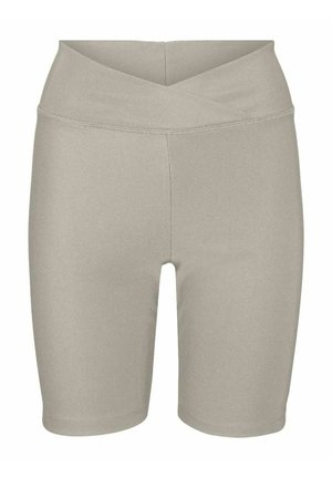 Højtaljede, lysegrå biker-shorts med bred, krydset taljebånd og knælængde.