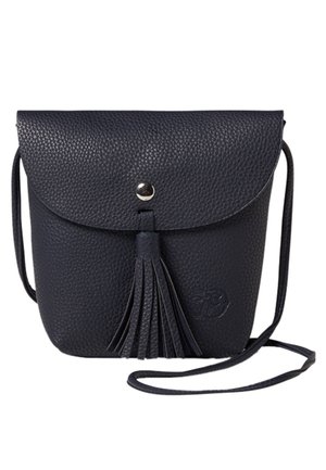 Kleine zwarte leren crossbodytas met een gestructureerd oppervlak, flapsluiting, zilveren knop en decoratieve kwast aan de voorkant.