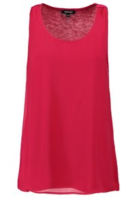 Fuchsia ærmeløs bluse lavet af letvægtsstof. Har en rund halsudskæring og en løs pasform med en let gennemsigtig tekstur.