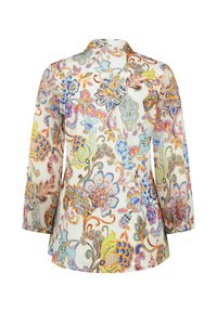 Bluse mit floralem Muster, lange Ärmel, weiße Grundfarbe, mehrfarbiges Design in Blau, Pink, Orange und Grün, mit Kragen und lässigem Schnitt.