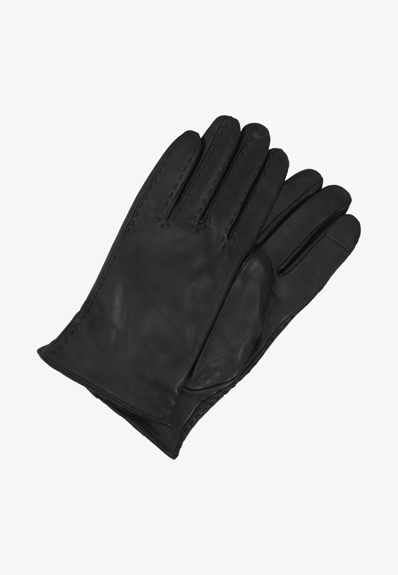 Black leather gloves with four fingers and a thumb, featuring hand-stitched seams and a smooth texture. Classic design without embellishments.