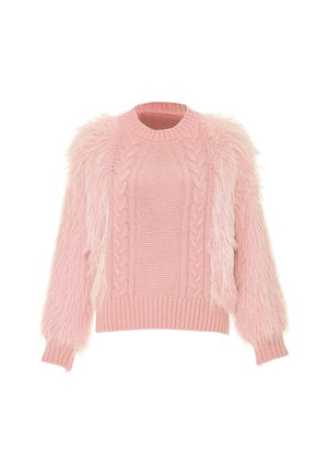 Rosa Pullover mit flauschigen Ärmeln, strukturiertem Körper und geripptem Saum. Zopfmuster-Design in der Mitte, weiche Fellakzente an Schultern und Ärmeln.