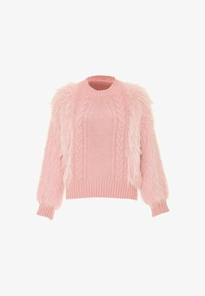 Rosa Pullover mit flauschigen Ärmeln, strukturiertem Körper und geripptem Saum. Zopfmuster-Design in der Mitte, weiche Fellakzente an Schultern und Ärmeln.