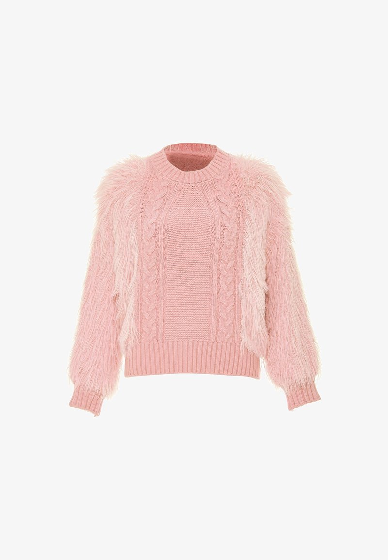 Suéter rosa con mangas esponjosas, cuerpo texturizado y dobladillo acanalado. Diseño de trenzas en el centro, acentos de piel suave en los hombros y las mangas.