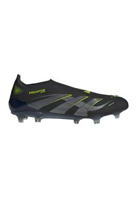 Black and gray soccer cleat with neon green accents, no laces, and studded sole for firm ground play.