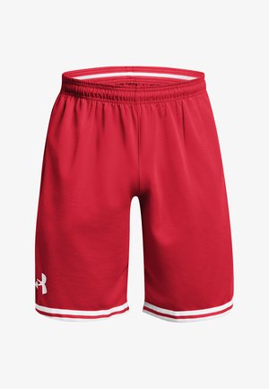 Červené športové šortky vyrobené z ľahkej tkaniny, so štruktúrovaným povrchom, elastickým pásom a bielymi akcentmi po okrajoch.