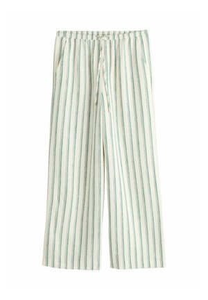 Pantaloni albi cu picior larg, dungi verticale verzi, talie elastică și închidere cu șnur, așezați pe un fundal alb.