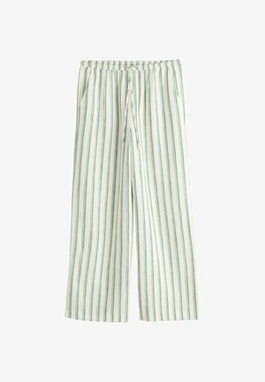 Baltos plačios kojų kelnės su vertikaliomis žaliomis juostelėmis, su elastine juosmens dalimi ir raišteliu, išdėliotos ant balto fono.