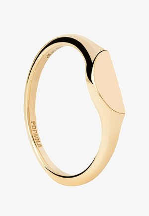 Minimalistisk signetring i guld med glat, poleret overflade og mærkenavn indgraveret indvendigt på ringen.