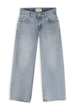 Jeans a gamba larga di colore blu chiaro, realizzati in denim, con un classico design a cinque tasche e chiusura a bottone in vita.