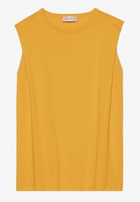 Yellow sleeveless top made of soft cotton, featuring a round neckline and straight cut, with subtle stitching along the edges.