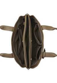 Borsa a tracolla in pelle marrone con due scomparti centrali e chiusura con zip. L'interno presenta tasche e un rivestimento in tessuto coordinato.