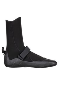 Black neoprene water shoes with a high top, rubber sole, and adjustable strap. Features a textured toe and slight heel for support.