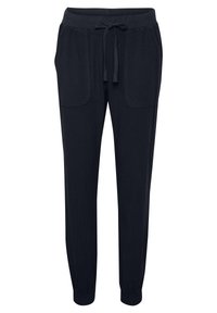 Svarta, mjuka materialbyxor med elastisk midja, justerbar dragsko, två framfickor och elastiska muddar vid anklarna.