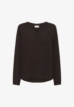 Schwarze Bluse mit langen Ärmeln und V-Ausschnitt in dezenter Textur. Bietet eine lockere Passform, mit leicht abgerundetem Saum und gekräuselten Ärmelbündchen.