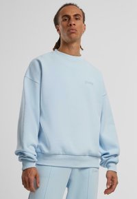 Hellblaues Sweatshirt mit lockerer Passform, gerippten Bündchen und Saum sowie dezent besticktem Logo auf der Brust. Weicher Stoff.