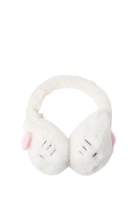 Bandeaux d'oreilles en peluche blanche avec un design d'oreilles de chat, présentant des accents roses et des détails de moustaches noires. Texture douce, forme arrondie.