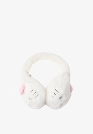 Scaldacollo in peluche bianco con design a orecchie di gatto, con dettagli rosa e baffi neri. Texture morbida, forma arrotondata.