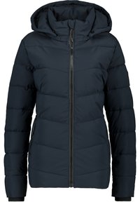 Dark blue puffer jacket with a hood, featuring a front zipper and ribbed cuffs, designed with vertical seams and side pockets.
