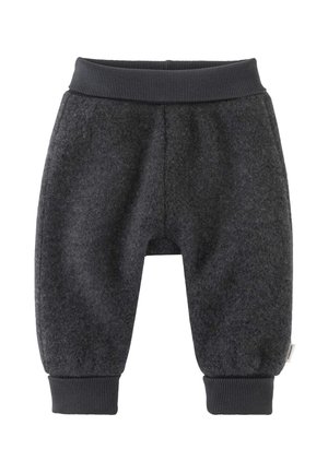 Donkergrijze zachte fleece babybroek met geribde tailleband en boorden, ontworpen voor warmte en comfort.