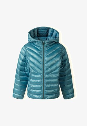 Chaqueta acolchada color verde azulado con capucha, que presenta un diseño de rombos acolchados, cremallera frontal y puños de canalé para un ajuste ceñido. Textura ligera y brillante.