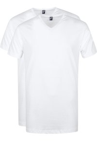 Witte v-hals t-shirts, gemaakt van katoen, met korte mouwen en een eenvoudig ontwerp. Verpakking bevat twee identieke shirts.