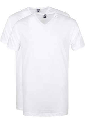 White v-neck t-shirts, made of cotton, featuring short sleeves and a simple design. Pack includes two identical shirts.