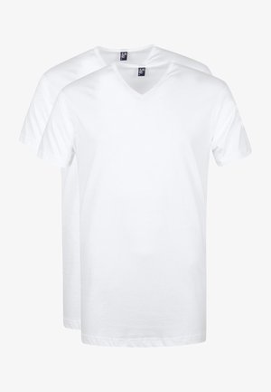 White v-neck t-shirts, made of cotton, featuring short sleeves and a simple design. Pack includes two identical shirts.