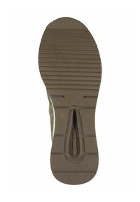 Semelle de chaussure en caoutchouc brun avec des rainures texturées et un motif circulaire. Présente une découpe près du talon et le nom de la marque embossé "remonte."
