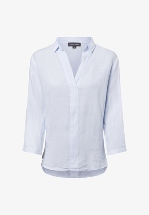 Himmelblaues Leinenhemd mit V-Ausschnitt, Dreiviertelärmeln und leicht abgerundetem Saum. Das Etikett zeigt Marken- und Größeninformationen an.