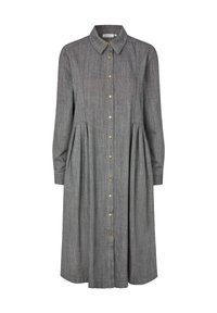 Szara sukienka zapinana na guziki, wykonana z tkaniny tkanej, z kołnierzem, długimi rękawami oraz plisowaną spódnicą z złotymi guzikami z przodu.