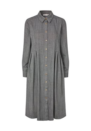 Szara sukienka zapinana na guziki, wykonana z tkaniny tkanej, z kołnierzem, długimi rękawami oraz plisowaną spódnicą z złotymi guzikami z przodu.