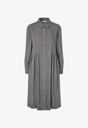 Grijze jurk met knopen van geweven stof, voorzien van een kraag, lange mouwen en een geplooide rok met gouden knopen aan de voorkant.