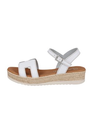 Sandalia cuña blanca de cuero con hebilla en el tobillo y suela plataforma de yute trenzado, plantilla acolchada en color marrón claro.