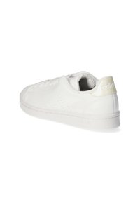 Baskets en cuir blanc avec une finition lisse, détails perforés sur le côté, et un subtil accent crème au talon avec un logo.