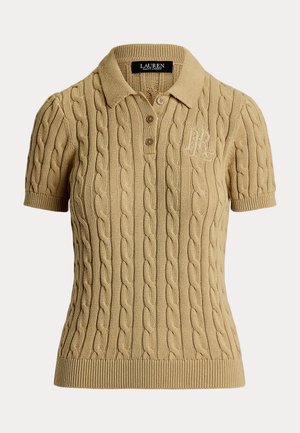Beige gebreide polo shirt met kabelpatroon, korte mouwen, drie knopen bij de hals en geborduurd logo op de borst. Klassieke pasvorm.