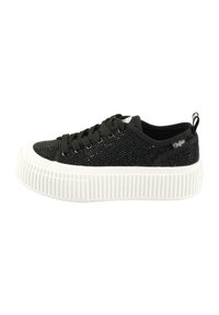 Black sneaker with sparkly upper material, white ridged sole, rounded toe, and black laces. Features a pull tab at the heel.
