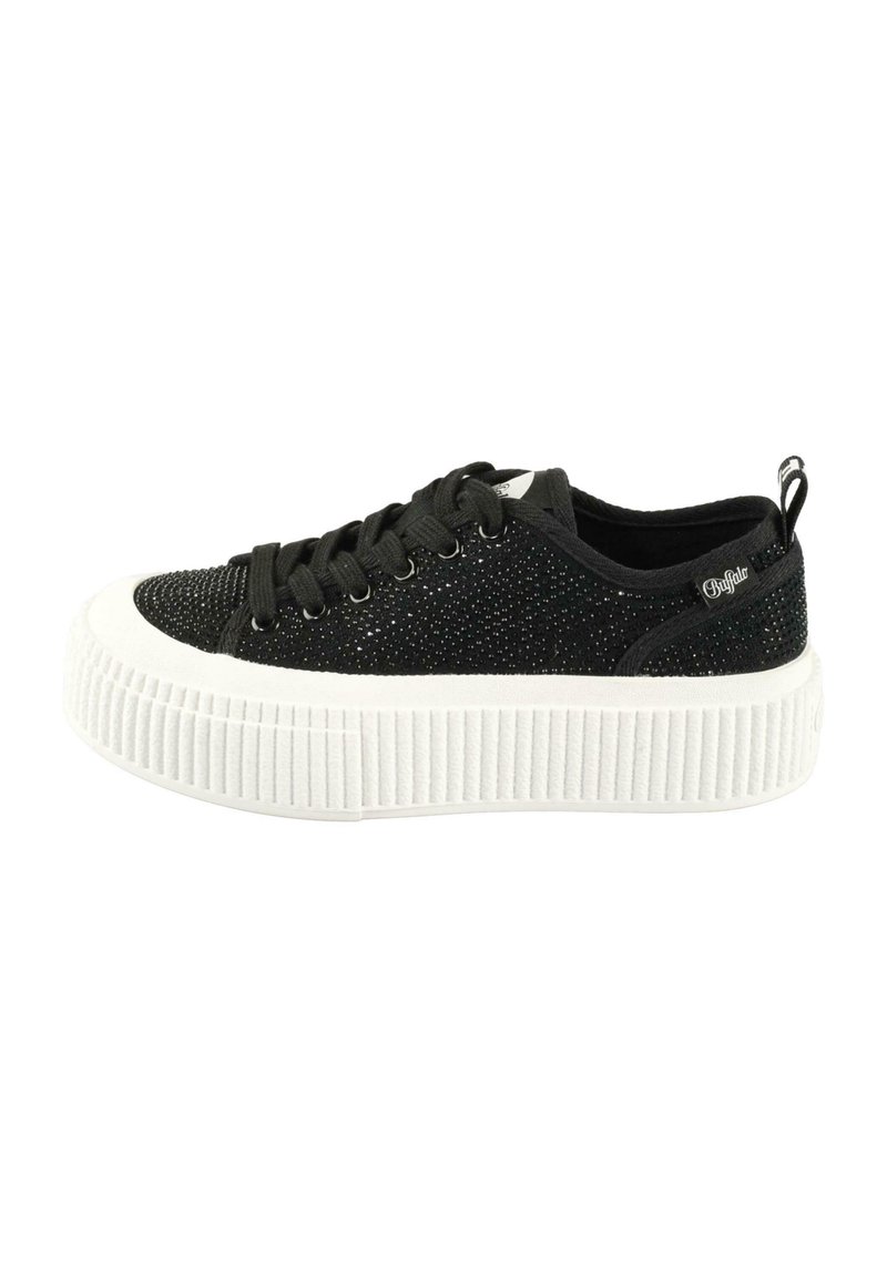 Black sneaker with sparkly upper material, white ridged sole, rounded toe, and black laces. Features a pull tab at the heel.