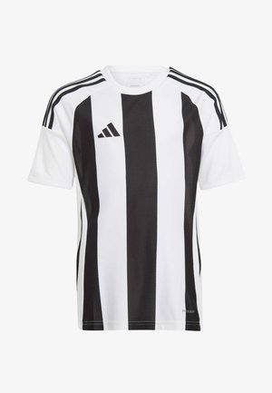 Jersey bianco a maniche corte con strisce verticali nere e tessuto in rete. Presenta il logo Adidas sulla parte superiore del petto a sinistra e tre strisce sulle spalle.