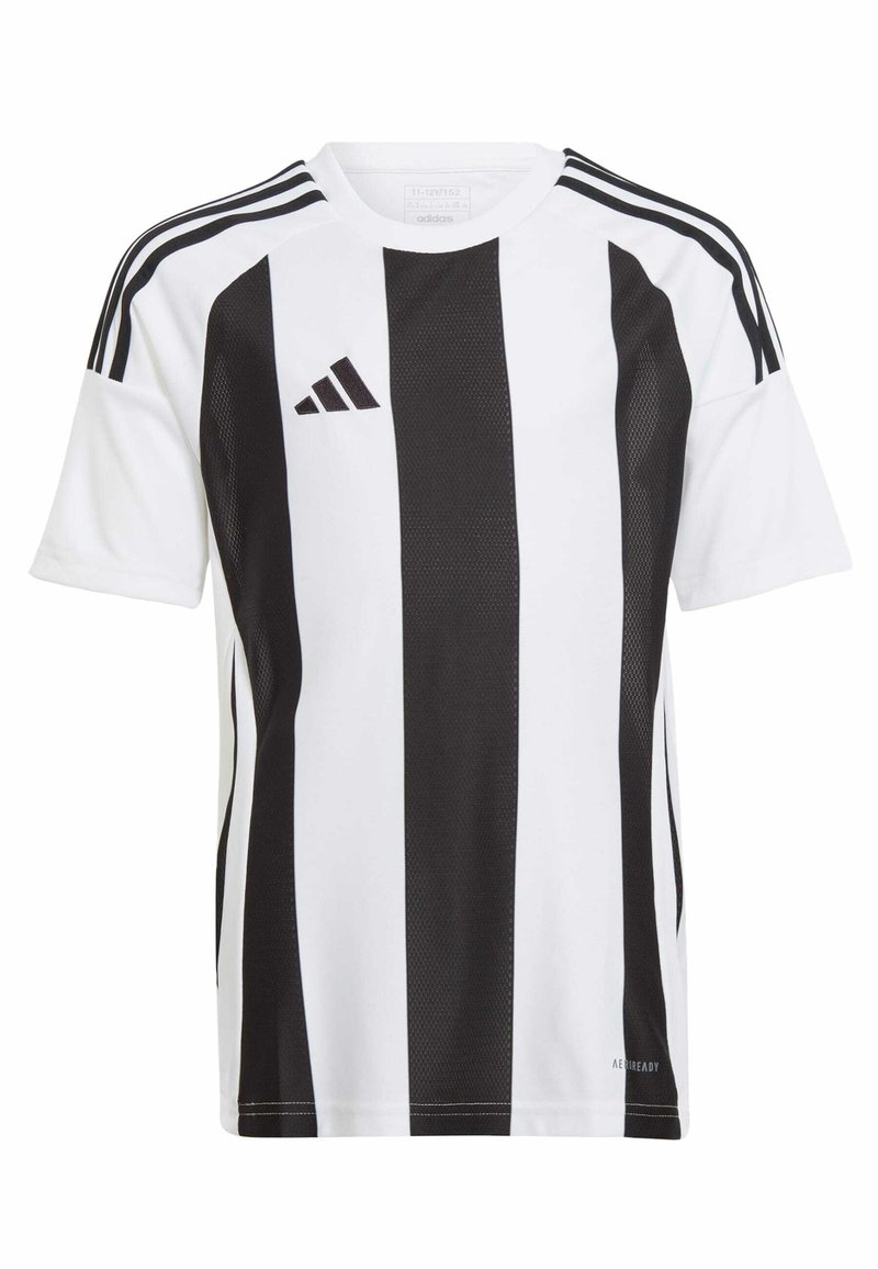 Weißes kurzärmliges Trikot mit schwarzen vertikalen Streifen und Mesh-Gewebe. Mit Adidas-Logo auf der oberen linken Brust und drei Schulterstreifen.