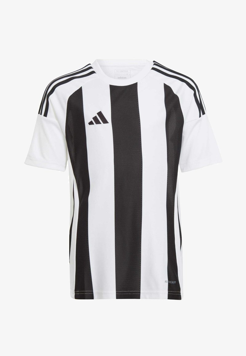 Witte jersey met korte mouwen, zwarte verticale strepen en mesh stof. Bevat het Adidas-logo op de bovenkant van de linkerborst en drie schouderstrepen.