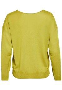Langarm, oversize Sweater in leuchtendem Gelb, mit weitem Bootsausschnitt und weichem, strukturiertem Stoff. Keine sichtbaren Muster oder Verzierungen.