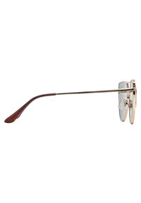 Ochelari de soare din metal cu un cadru de culoare aurie, lentile argintii și vârfuri de ureche de culoare maro închis. Au un design subțire și modern, pentru o purtare ușoară.