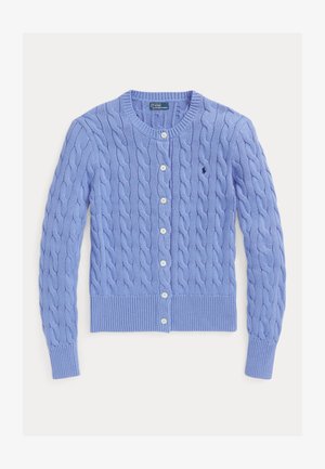 Light purple cable-knit cardigan with a round neckline, front buttons, and ribbed cuffs and hem. Features a small embroidered logo.