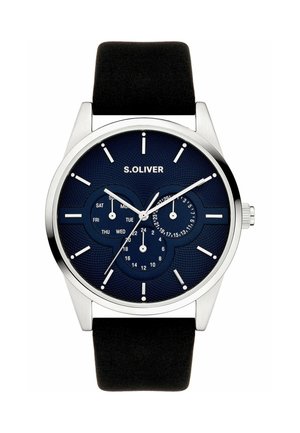 Herreur med sølvkasse og sort rem, blå urskive, tre underskiver til ugedag, 24-timers ur og dato samt sølv timeindikatorer.